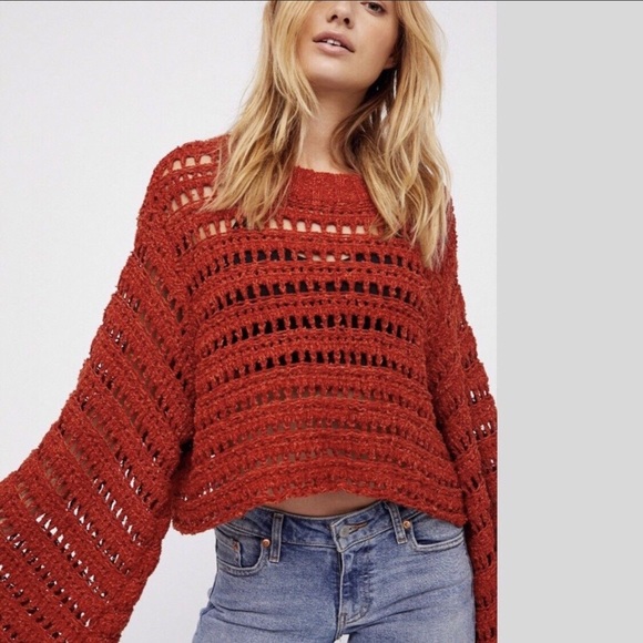 NWOT Free People Caught Up Bell-Sleeve Crochet Sweater - Picture 10 of 12